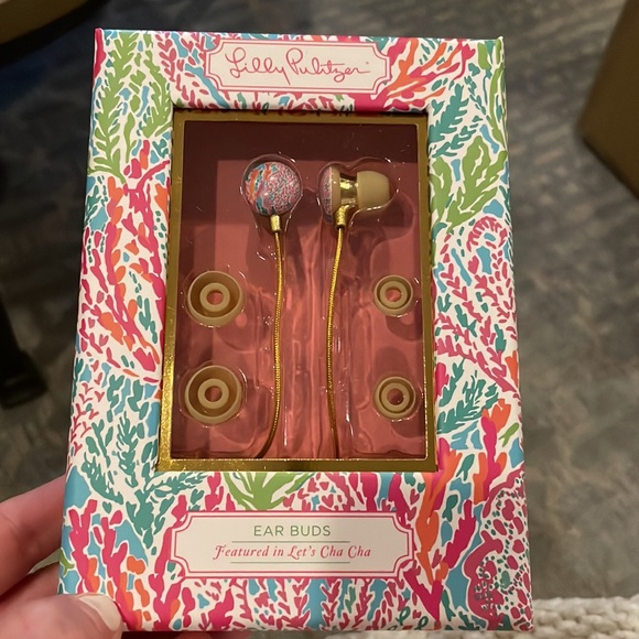 LILLY PULITZER Earbuds Lets Cha Cha Turquoise Pink Coral Gold Cord Headphones - Picture 5 of 5